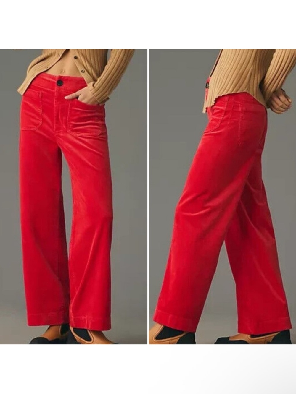 Anthropologie Maeve Colette Cropped Wide Leg Corduroy Pants Red 28T 28 Tall